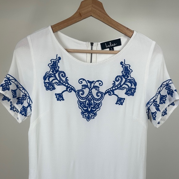 Lulus Tale to Tell Blue and Ivory Embroidered Shift Dress women’s small - Picture 3 of 12